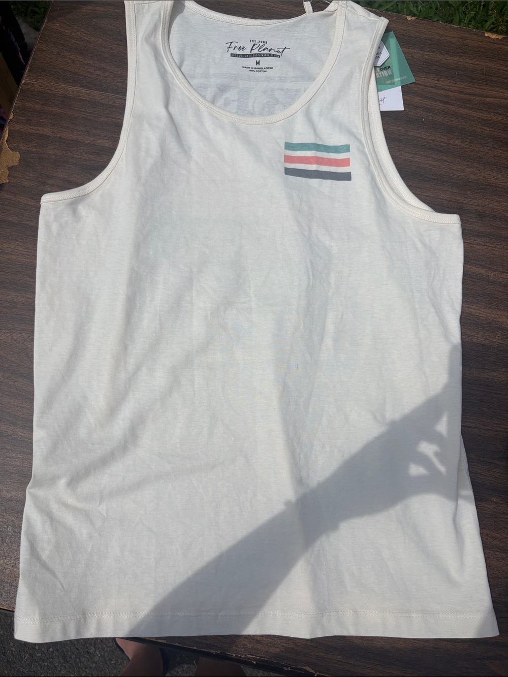 Free Planet Men’s Cream Tank with Multi-Stripe Chest Accent